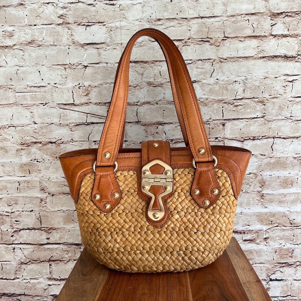 MICHAEL Michael Kors Women's Santorin Basket Woven Straw Small Tote Leather Bag